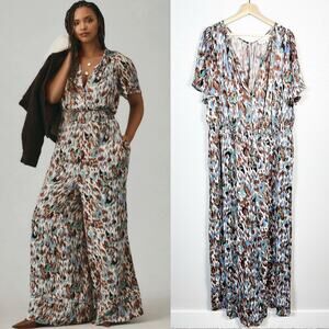 Anthropologie Women’s Somerset Satin Wide Leg Jumpsuit Abstract Blue Brown 2X